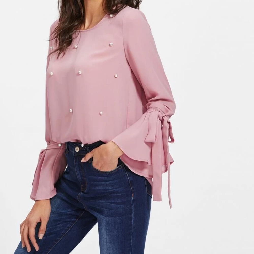 Pearl Beaded Tie Cuff Blouse